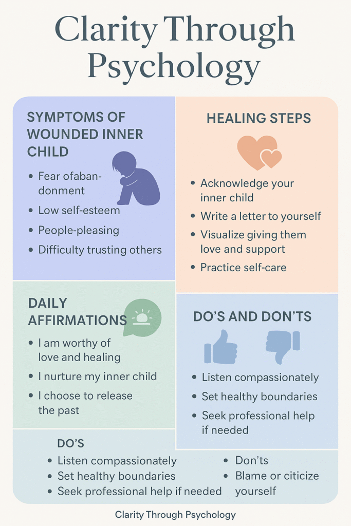 Infographic showing symptoms, healing steps, daily affirmations, and do's and don'ts for a wounded inner child from Clarity Through Psychology blog